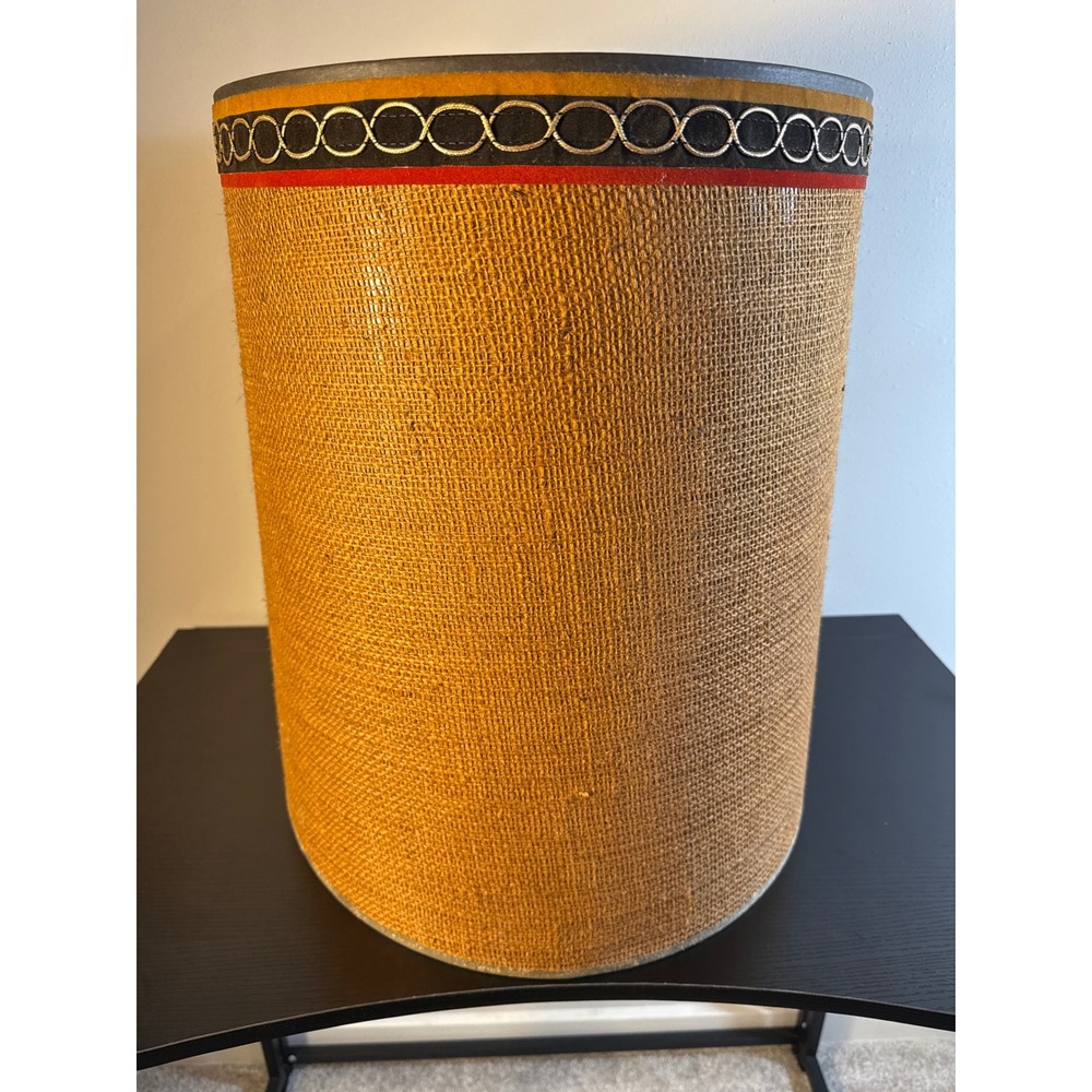 Vintage MCM Burlap Drum Lamp Shade Large Tan 19" Boho Tribal Border Mid Century